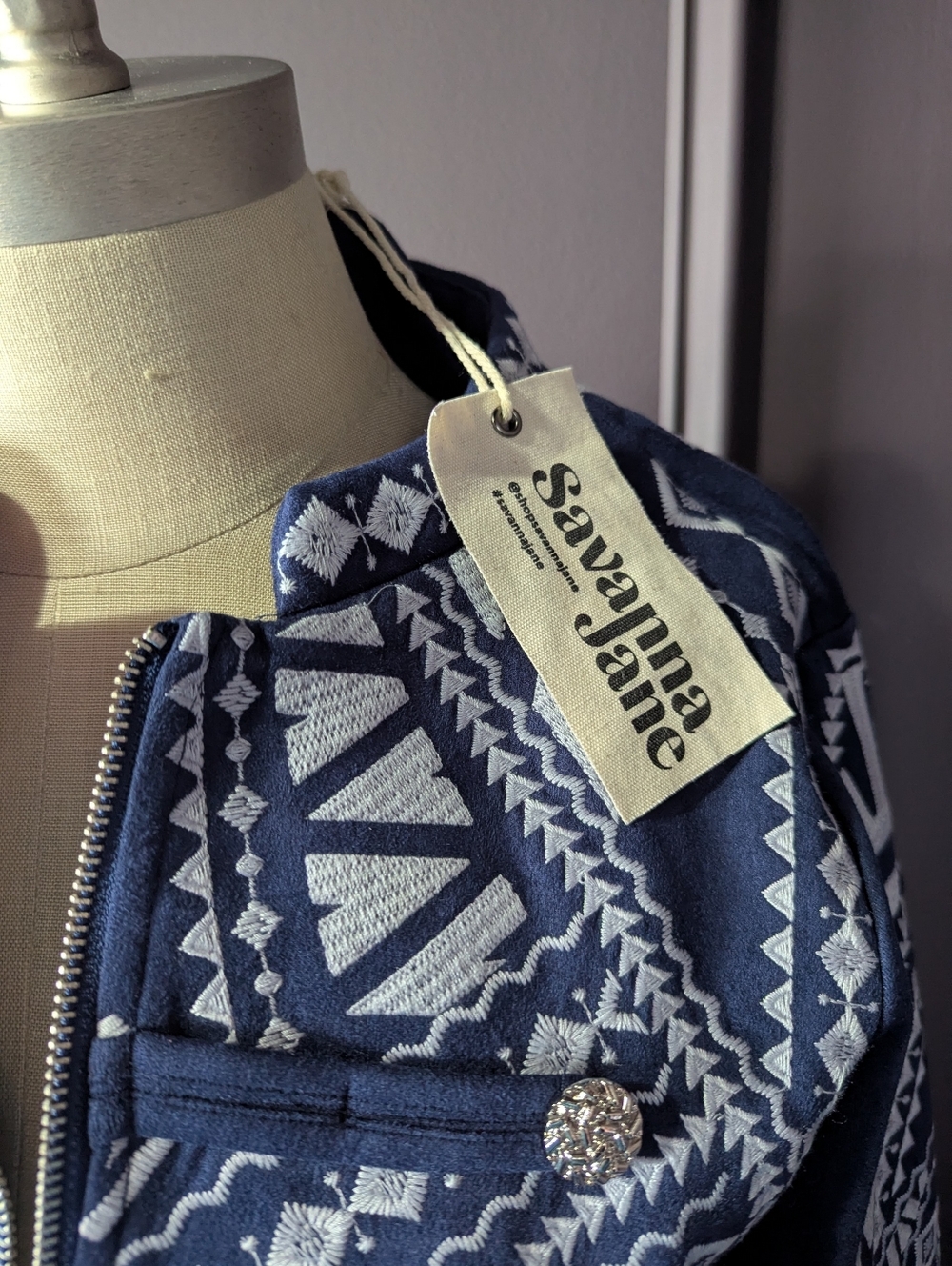 Savanna Jane Navy & White Embroidered Bomber Jacket - Picture 6 of 6